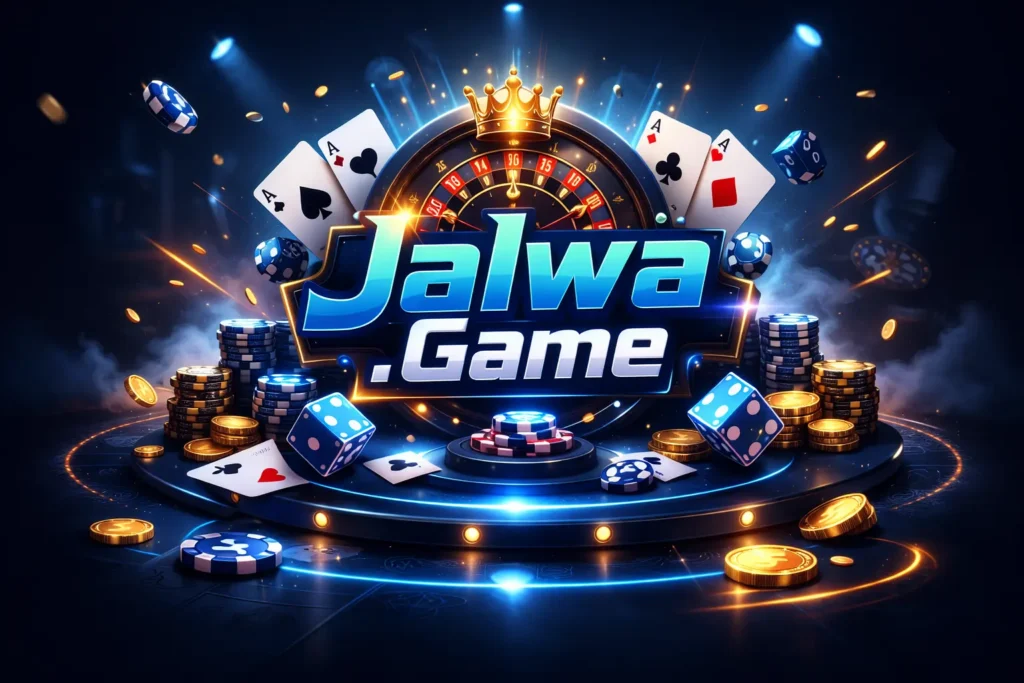 Jalwa Game online casino banner with roulette wheel, poker chips and dice for real money slots and jalwa game login platform